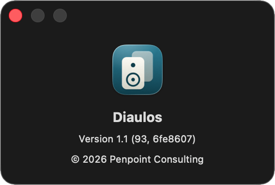 About window showing the Diaulos speaker icon, version number, and Penpoint Consulting copyright
