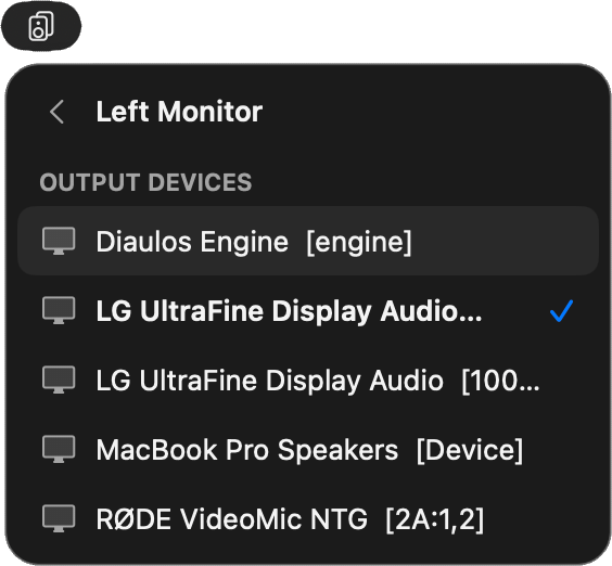 Left Monitor picker listing available output devices with an LG UltraFine display selected